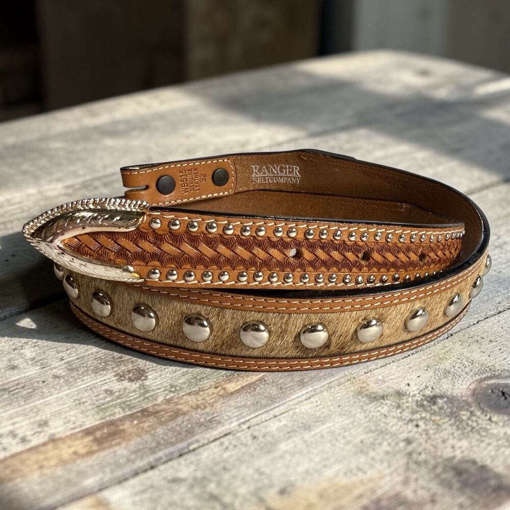 Ranger Belt Co Basket Weave Hair On Hide Studded Brown Leather Belt No Buckle 32